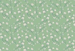 Pastel pattern with wild florals stems on a green mint background. Abstract artistic branches with tiny flowers, small buds seamless print. hand drawing sketch. Simple ornament print vector