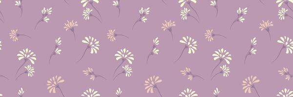 Purple pattern with abstract unique tiny flowers and small buds. hand drawing. Creative little floral seamless print on a violet background. Minimalist plain ornament for designs, textile vector