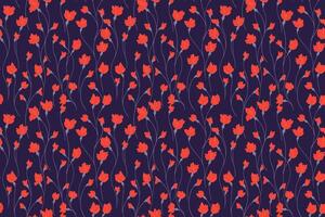 Colorful creative florals stems in a intertwined pattern on a dark violet background. Abstract artistic branches with tiny flowers small buds seamless print. hand drawing. Simple ornament vector