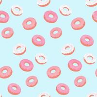 Fun and playful seamless pattern featuring donuts with pink frosting on a pastel blue background. Print for fabric, stationery, wrapping paper, and food-related designs. vector