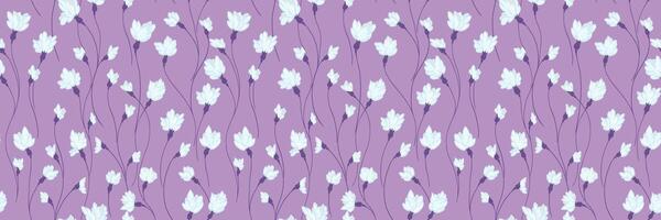 Creative florals stems seamless print on a violet background. Abstract artistic branches with tiny flowers buds intertwined in a pattern. hand drawing. Simple ornament for designs, textiles vector