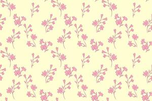 Colorful summer pattern with tiny florals stem on a yellow background. Abstract artistic pink branches with small flowers seamless print. hand drawing. Simple nature ornament for design vector
