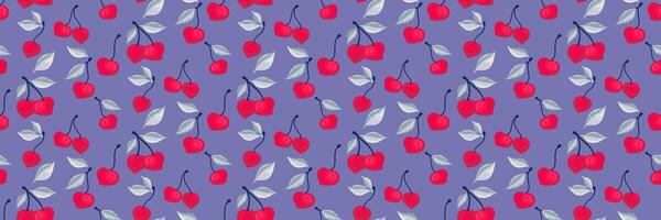 Summer pattern with abstract artistic cherry with leaves on a violet background. Creative berries, fruits, leaf, seamless print. hand drawing painted. Design ornament for fabric, textiles vector