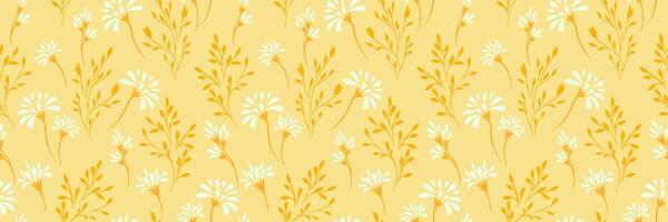 Summer yellow pattern with abstract tiny floral stems and small branches, hand drawing unique flowers. Simple ornament for designs, textile, cover, surface design, fabric, wallpaper vector