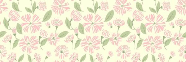 Seamless floral pattern featuring hand-drawn pink flowers with leaves on a light cream background. Plain print design for textiles, wallpapers, and packaging with delicate, spring-inspired aesthetic vector