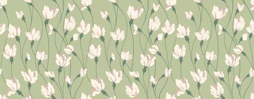 Pastel mint green pattern with creative florals stems. Abstract artistic branches with tiny flowers buds intertwined in a seamless print. hand drawing. Simple ornament for designs, textiles vector