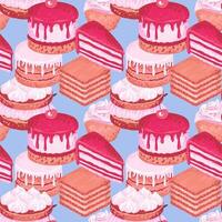 Seamless pattern featuring a variety of decadent desserts like layer cakes, cupcakes, and pastries in shades of pink and cream on a soft blue background. Design for bakery branding, fabric designs vector