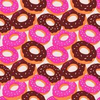 Seamless pattern featuring colorful donuts with pink and chocolate glaze, topped with sprinkles. Perfect repeated print for bakery packaging, cafe decor, food-themed designs, wrapping paper, vector