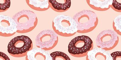 Seamless pattern featuring donuts with chocolate, pink, and white frosting, sprinkled with toppings, on a pastel peach background. Design perfect for bakery-themed projects, or textile designs. vector