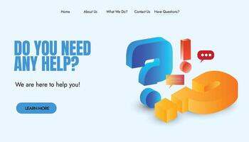 Do you need any help. Do you need any help web page template with 3d question marks, exclamation mark vector