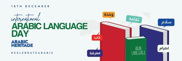 18th December banner, post with Text translation Arabic language day, celebration banner with different books and speech bubbles of words in Arabic around them. vector