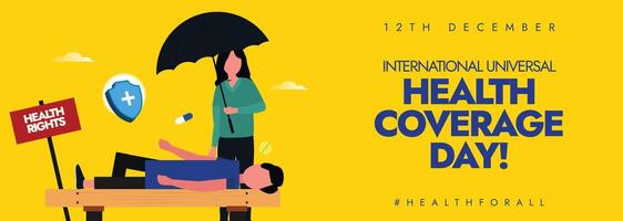 12th December Health Coverage day celebration banner with a man laying on bench, a girl holding umbrella standing near him vector