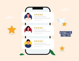 Customer Feedback rating. 5 star ratings. Rate us. Customer ratings banner with a smartphone screen, customer ratings with five stars. vector