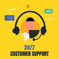 Customer support. Customer support available for 24 hours and seven days a week banner with a person, headphones. Our services available for twenty four hours and seven days a week banner, post vector