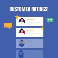 Customer rating. 5 star ratings. Rate us. Customer Feedback ratings banner with customer giving five stars reviews. Give reviews about your experience, our product. vector