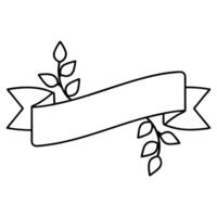 A black and white drawing of a ribbon with leaves vector