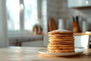A tall stack of pancakes perfect for a family breakfast with a shallow depth of field and an empty area for additional content photo
