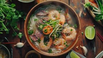 Shrimp and beef Pho soup - Vietnamese soup with shrimps and raw beef slices on wooden table photo