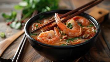 Tom Yam Kung soup - Thai soup with shrimps and rice noodles served in black bowl with chopsticks on wooden table photo