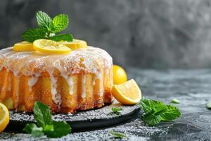 Copy space image of a mouthwatering lemon cake adorned with fresh mint on a rustic stone background photo