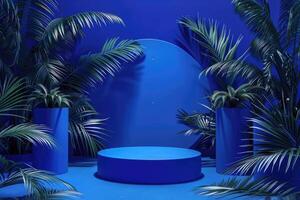 Chic, contemporary showcase stand compilation in a bold blue shade, encircled by stylish palm branches on an artistic backdrop photo
