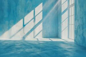 Minimal abstract light blue background for product presentation. Shadow and light from windows on plaster wall. photo