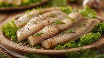 Marinated herring fillets in mustard sauce with dill and lettuce on wooden table photo