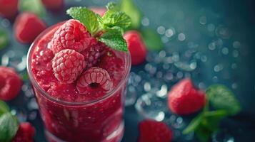 Close up of raspberry smoothie glass decorated with fresh raspberries and mint berries, copy space, summer delight cold drink. photo