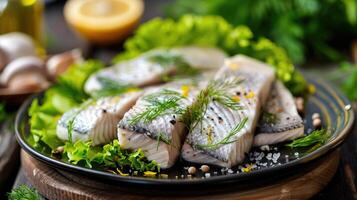 Marinated herring fillets in mustard sauce with dill and lettuce on wooden table photo