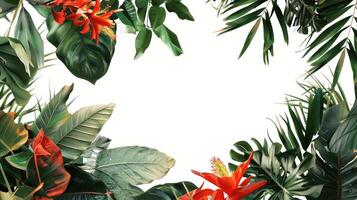 Design of tropical foliage including painted leaves and vines on a white background with space for text photo