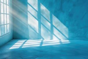 Minimal abstract light blue background for product presentation. Shadow and light from windows on plaster wall. photo