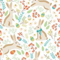 Easter seamless pattern with bunnies and decorative eggs in flower meadow on transparent background. Lovely hand drawn repeat design with cute doodle eggs, great for textiles, banners, wallpaper, card vector