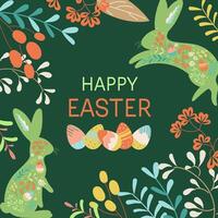 Happy Easter greeting card. Cute spring background with rabbits, eggs, flowers. Colorful flat templates for social media post, online advertising, flyer, invitation square design vector