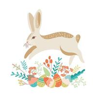 Jumping easter bunny with eggs and plant decor. Happy easter design element Trendy design for typography, card, flyers. Hand painted plants, eggs and rabbit in pastel colors. flat illustration vector