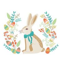Easter bunny with bow and plant decor with eggs. Happy easter design element Trendy design for typography, card, flyers. Hand painted plants, eggs and rabbit in pastel colors. flat illustration vector