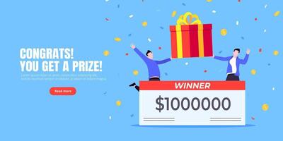 Happy lottery winners with big prize paycheck. vector