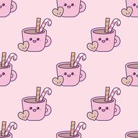 Seamless pattern with hand-drawn kawaii cup of cocoa and cookies vector