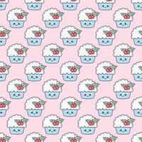 Children's pattern with kawaii cupcake with berries. Infinite texture vector