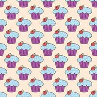 Seamless pattern with a doodle cake with cherries on a beige background vector