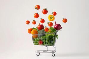 A long format copy space image featuring fresh vegetables falling into a shopping basket on a white background photo