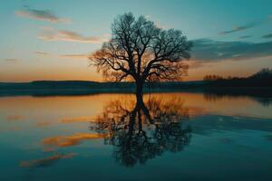 Picturesque view of leafless lonely tree growing and reflecting in calm lake at sundown time. photo