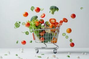 A long format copy space image featuring fresh vegetables falling into a shopping basket on a white background photo