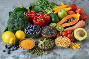 Healthy food eating selection. Fruits, vegetables, seeds, cereals, leaf vegetables on a gray concrete background. photo