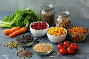 Healthy food eating selection. Fruits, vegetables, seeds, cereals, leaf vegetables on a gray concrete background. photo