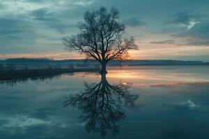 Picturesque view of leafless lonely tree growing and reflecting in calm lake at sundown time. photo