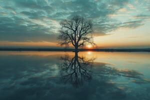 Picturesque view of leafless lonely tree growing and reflecting in calm lake at sundown time. photo