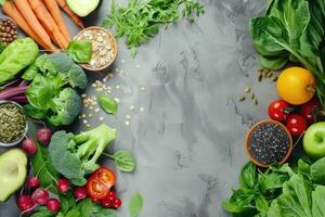 Healthy food eating selection. Fruits, vegetables, seeds, cereals, leaf vegetables on a gray concrete background. photo