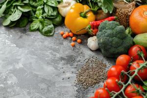 Healthy food eating selection. Fruits, vegetables, seeds, cereals, leaf vegetables on a gray concrete background. photo