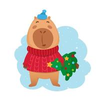 Cute Christmas capybara in red sweater with Christmas tree. Christmas kawaii cartoon characters vector