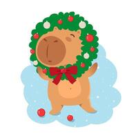 Cute Christmas capybara with Christmas wreath and red ribbon bow vector